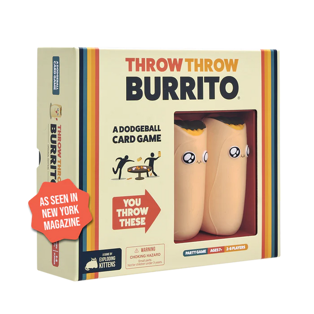 A Toss and Catch game called Throw Throw Burrito by Exploding Kittens, featuring plush burrito-shaped soft projectiles.