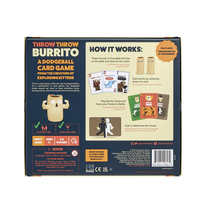 Back view of Exploding Kittens' Throw Throw Burrito game box showing colorful illustrations and the game's title.