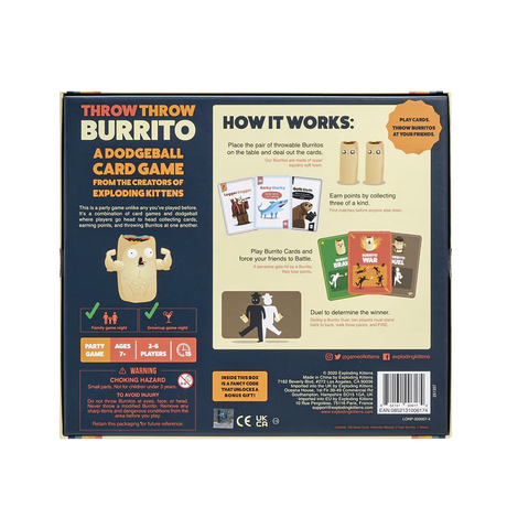 Back view of Exploding Kittens' Throw Throw Burrito game box showing colorful illustrations and the game's title.
