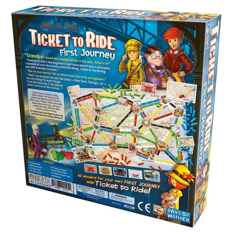 Board game Ticket to Ride: First Journey by Days of Wonder with colorful game pieces and illustrated map for family fun.