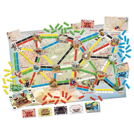 Children playing with the Ticket to Ride First Journey board game by Days of Wonder, featuring colorful game components and map.