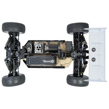 Top-down view of Tekno EB48 2.2 1/8th scale 4WD electric buggy kit with body removed, showcasing chassis and components.
