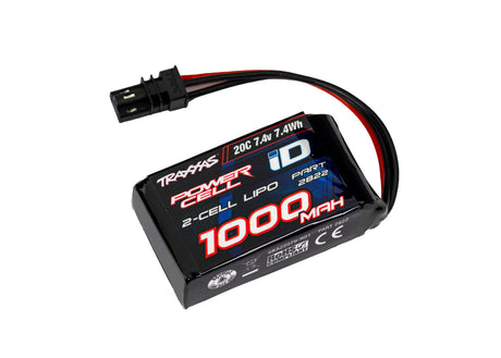 Traxxas 1000mAh 7.4V 2S LiPo battery for RC cars, showing the compact lithium polymer cell and branding on the pack.
