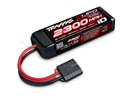 Traxxas 2300mAh 11.1V 3S LiPo battery for RC cars, showing the compact, high-performance lithium polymer pack.