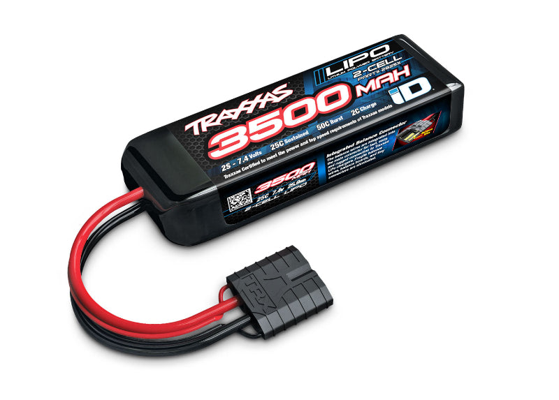 Traxxas 3500mAh 7.4V 2S LiPo battery for RC cars, showing the black and red battery pack with brand label.