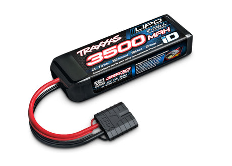 Traxxas 3500mAh 7.4V 2S LiPo battery for RC cars, showing the black and red battery pack with brand label.