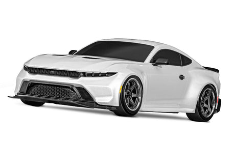 White Traxxas 4-Tec Drift Ford Mustang remote control car on a track, showcasing its detailed body and racing design.