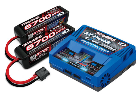 Traxxas 4S dual battery charger complete pack with two batteries and charging accessories for RC car performance.