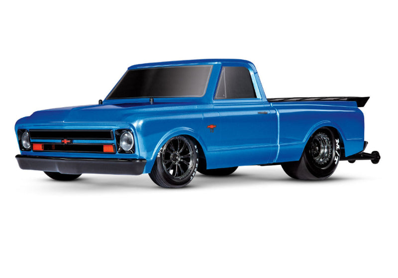 Blue Traxxas Drag Slash C10 HD RC truck with detailed graphics and rugged design, ready for high-speed drag racing.