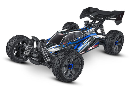 Traxxas Jato 4X4 BL-2s remote control car with blue body and detailed design, ready for high-speed off-road racing.