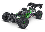 Green Traxxas Jato 4X4 BL-2s remote control car on a track, showcasing its detailed design and rugged tires.