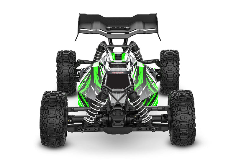 Green Traxxas Jato 4X4 BL-2s radio-controlled car with detailed body and off-road tires, shown from a side angle.