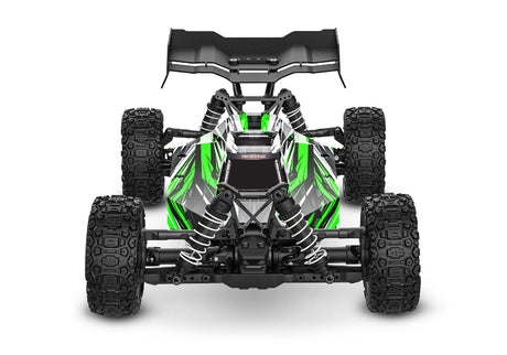 Green Traxxas Jato 4X4 BL-2s radio-controlled car with detailed body and off-road tires, shown from a side angle.