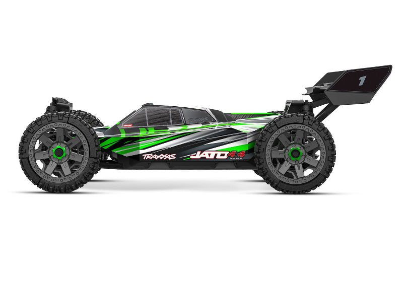Green Traxxas Jato 4X4 BL-2s RC car with detailed body and large tires, ready for off-road racing.