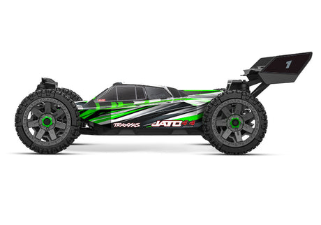 Green Traxxas Jato 4X4 BL-2s RC car with detailed body and large tires, ready for off-road racing.