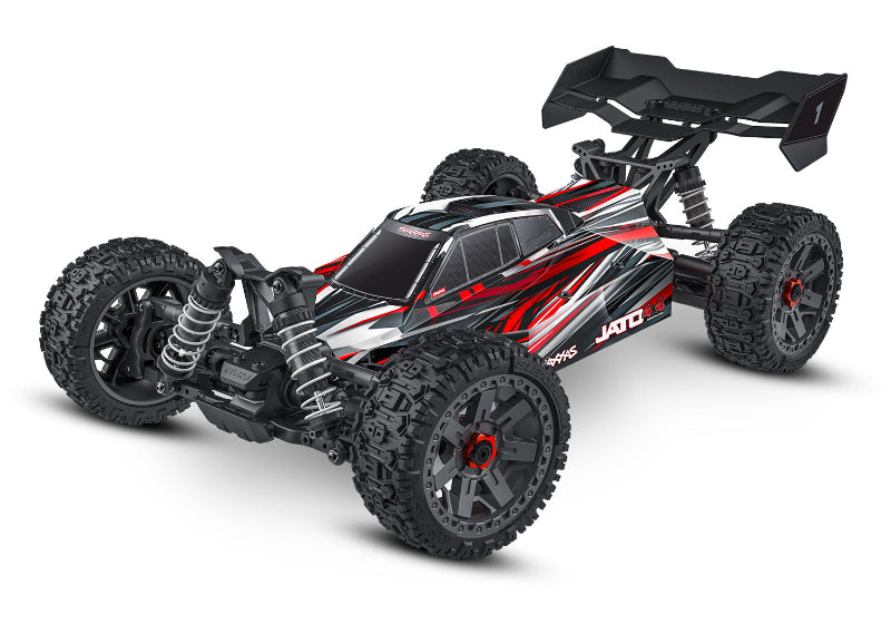 Red Traxxas Jato 4X4 BL-2s remote control car on a track, showcasing its detailed exterior and rugged design.