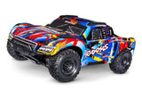 Traxxas Maxx Slash 6s RC truck with large off-road tires and sleek red and black body, ready for high-speed off-road racing.