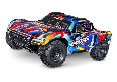 Traxxas Maxx Slash 6s RC truck with large off-road tires and sleek red and black body, ready for high-speed off-road racing.