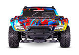 Traxxas Maxx Slash 6s remote control monster truck with large tires and vibrant red and black body, ready for off-road racing.
