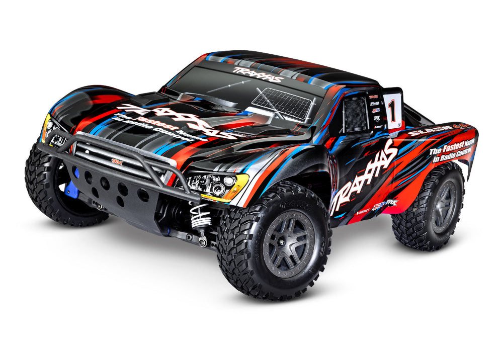 Traxxas Slash 4X4 BL-2s radio-controlled truck with off-road tires and detailed body, ready for rugged terrain.
