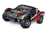 Traxxas Slash 4X4 BL-2s radio-controlled truck with off-road tires and detailed body, ready for rugged terrain.