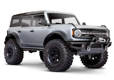 Traxxas TRX-4 2021 Ford Bronco 4x4 RTR crawler in silver, showing detailed exterior and rugged off-road design.
