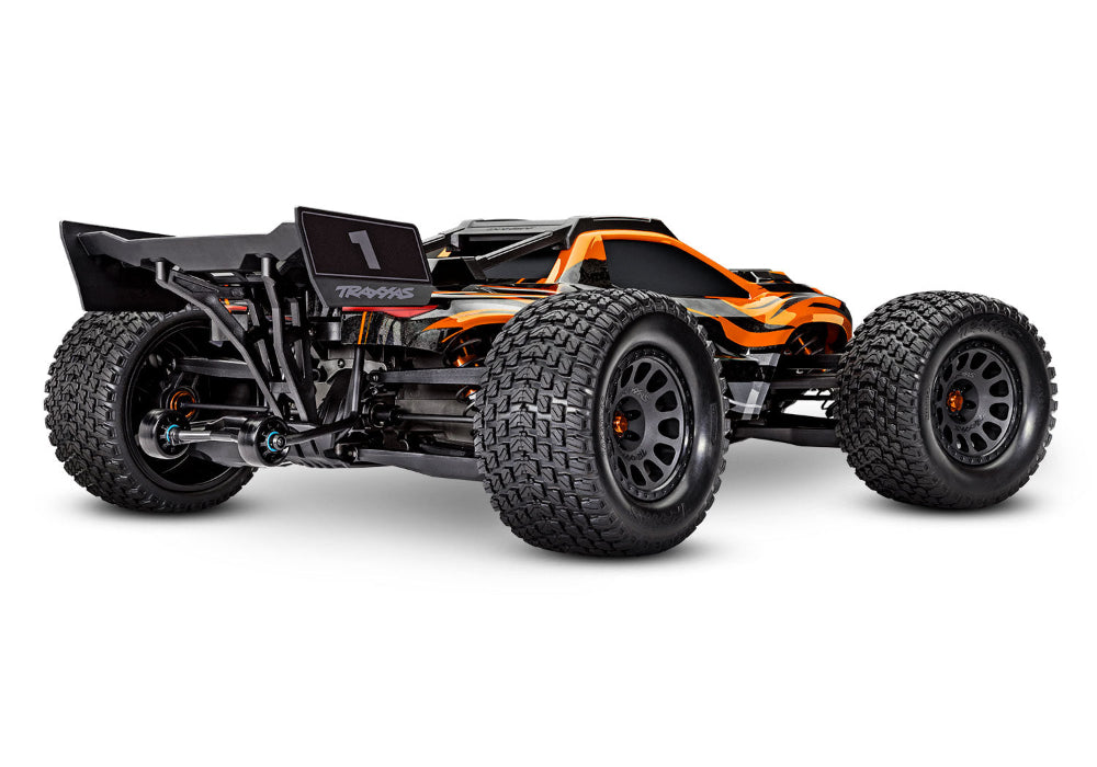 Orange Traxxas XRT 8S RC monster truck with large tires and detailed body, designed for off-road racing and rugged terrain.