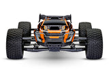 Orange Traxxas XRT 8S remote-controlled truck with rugged tires and detailed body, designed for off-road racing and durability.