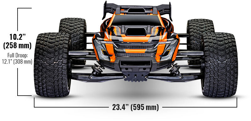 Orange Traxxas XRT 8S RC truck parked outdoors on a dirt trail, showcasing its rugged off-road design and large tires.