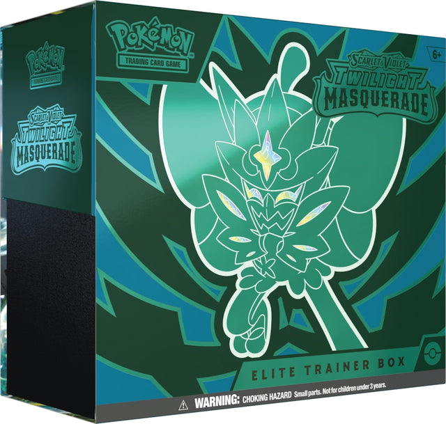 Pokémon Twilight Masquerade Elite Trainer Box with Pokémon TCG booster packs and accessories for trading card game.