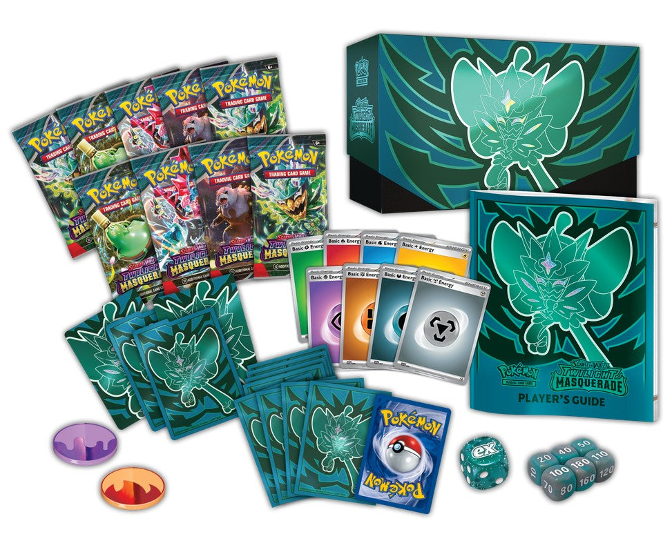 Pokémon Twilight Masquerade Elite Trainer Box containing Pokémon TCG booster packs, card sleeves, and accessories.