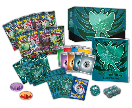 Pokémon Twilight Masquerade Elite Trainer Box containing Pokémon TCG booster packs, card sleeves, and accessories.