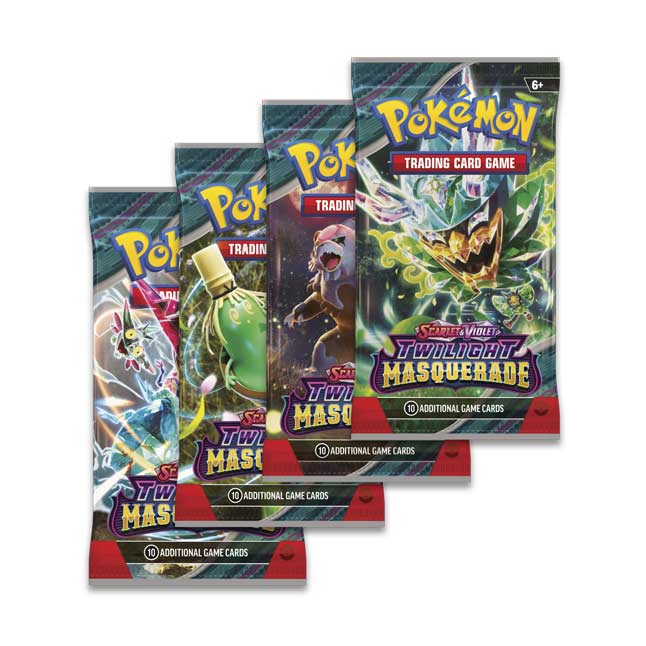 Pokémon TCG Twilight Masquerade Sleeved Booster pack featuring colorful Pokémon characters and vibrant artwork.