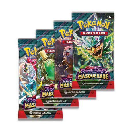 Pokémon TCG Twilight Masquerade Sleeved Booster pack featuring colorful Pokémon characters and vibrant artwork.