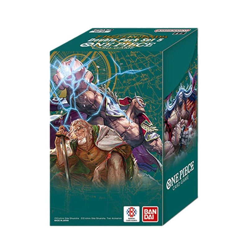 Bandai One Piece TCG Two Legends Double Pack Set collectible trading cards, featuring character artwork and card details.