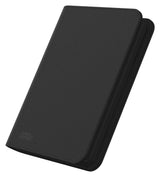 Ultimate Guard Zipfolio 160 8-Pocket Xenoskin card storage wallet with black exterior and clear pocket pages for trading cards.