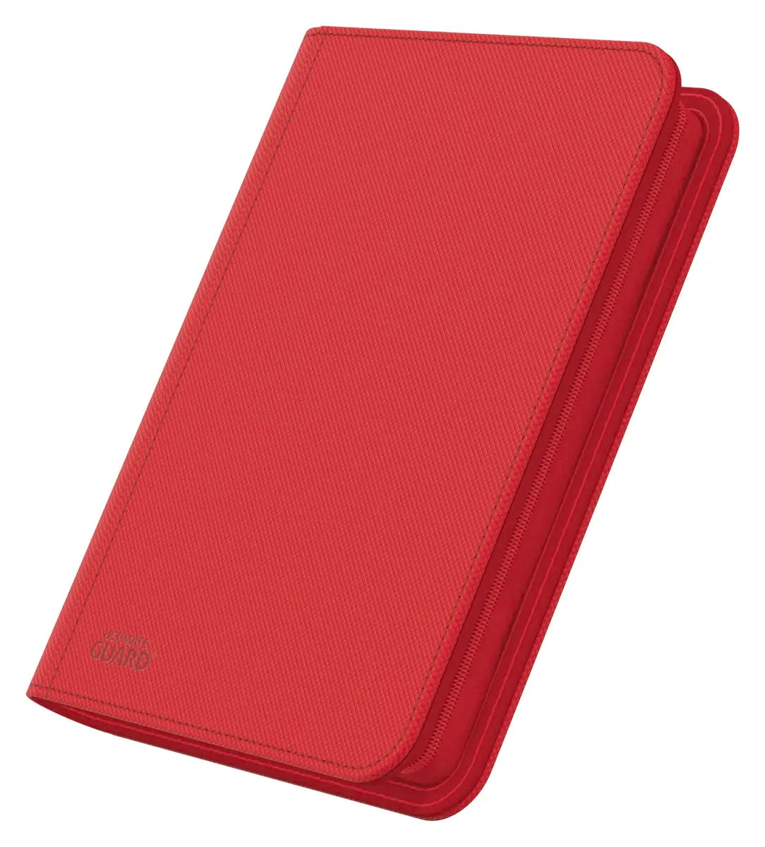 Ultimate Guard Zipfolio 160 8-Pocket Xenoskin card storage portfolio with black exterior and visible card pages inside.