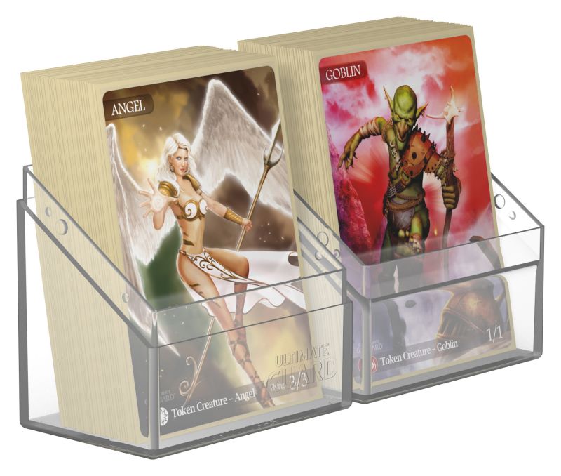 Ultimate Guard Boulder 60+ clear deck case for card storage, made of durable transparent plastic, designed for trading card protection.