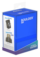 Ultimate Guard Boulder 60+ Sapphire card deck case, durable blue plastic storage container for trading cards, with secure lid.