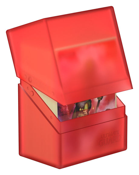Ultimate Guard Deck Case Boulder 60+ Ruby for storing and protecting trading cards, with a vibrant red exterior and secure clasp.