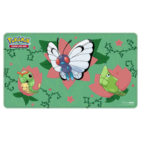 Ultra Pro Pokémon stitched edge Caterpie evolutions playmat featuring colorful Caterpie and its evolutions for card gaming.