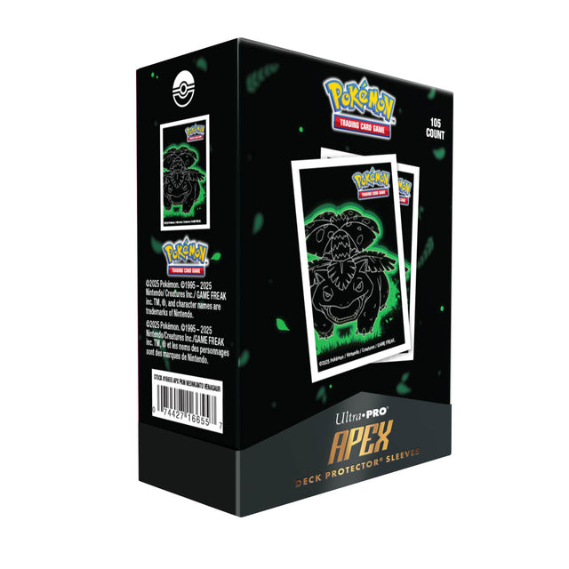 Ultra Pro Apex Neon Kanto Venusaur card sleeves, vibrant neon design, 105-count pack for collectible trading cards.