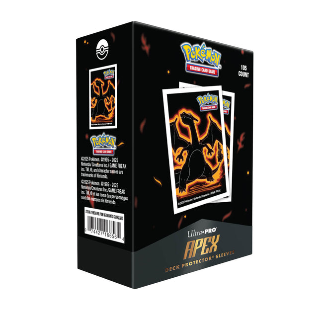 Ultra Pro Apex Neon Kanto Charizard sleeves featuring vibrant neon artwork and 105 card sleeves for collectible card protection.