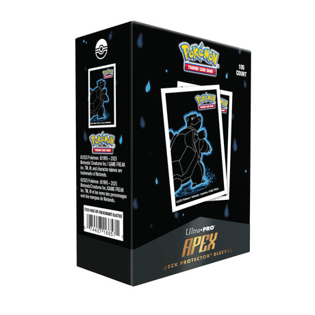 Ultra Pro Apex Neon Kanto Blastoise sleeves featuring vibrant neon artwork, 105 count, ideal for protecting trading cards.
