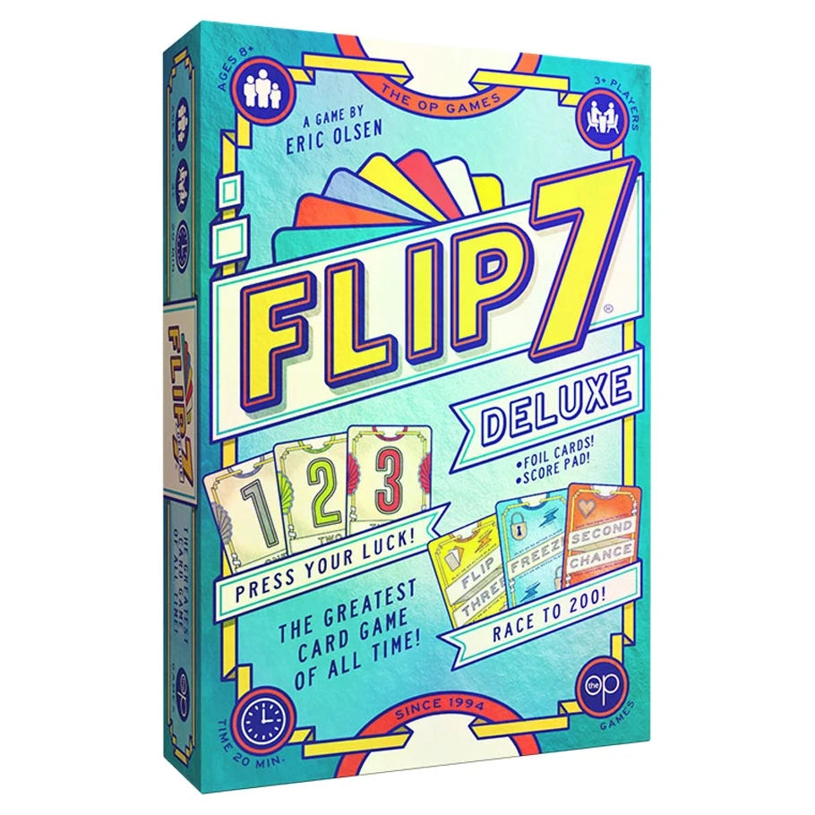 3D image of Flip 7 Deluxe board game by The Op Games in its packaging with colorful artwork and game components visible inside.