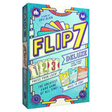 3D image of Flip 7 Deluxe board game by The Op Games in its packaging with colorful artwork and game components visible inside.