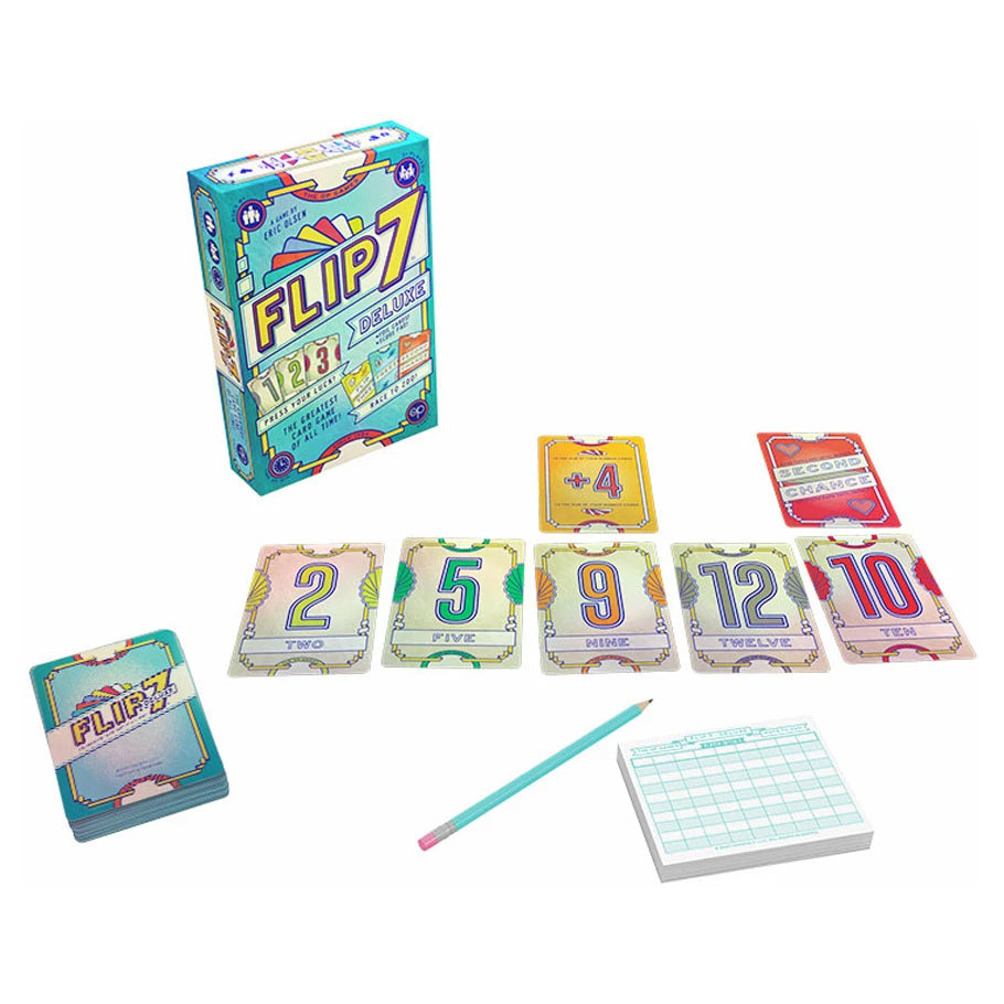 Flip 7 Deluxe board game by The Op Games featuring colorful game pieces and a vibrant game box with the game title.