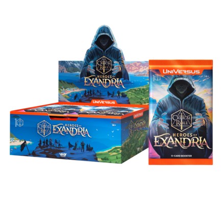 Image of UniVersus: Heroes of Exandria booster box by Jasco Games with colorful packaging and game artwork.