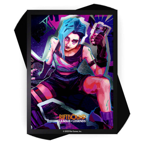 Riftbound Jinx Deck Sleeves by UVS Games featuring colorful fantasy artwork for protecting trading cards.