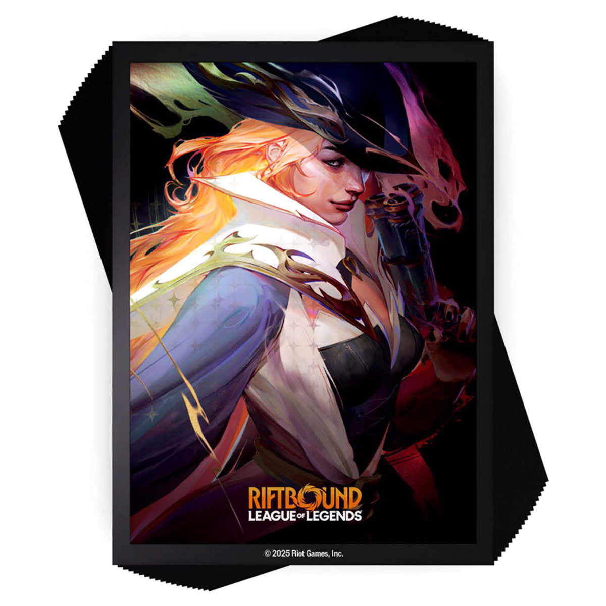 Miss Fortune deck sleeves from Riftbound by UVS Games featuring colorful artwork and card protective design.